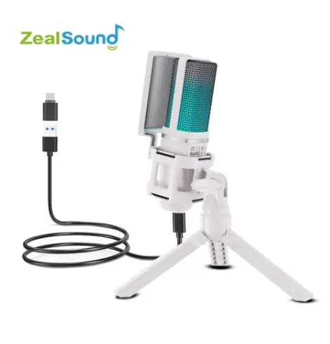 ZealSound BKD-11 Pro USB Gaming Microphone – RGB, Tap-to-Mute, Type-C Adapter, Real-Time Monitoring – for PC, PS5, Mac, Phone