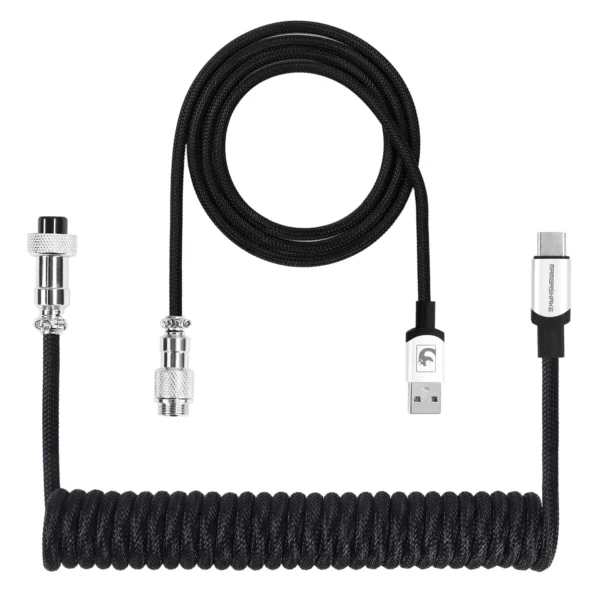 LexonElec Spiral USB-C to USB-A Aviator Cable – Coiled Mechanical Keyboard Cable, Fast Charging, Detachable Metal Connector (Black)
