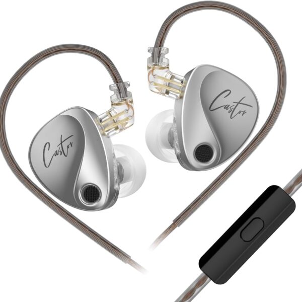KZ Castor Harman Bass Edition IEM – Dual Dynamic Drivers, 16 Tunable Sound Profiles, Noise-Isolating In-Ear Monitors (Standard Bass, with Mic) (Silver)