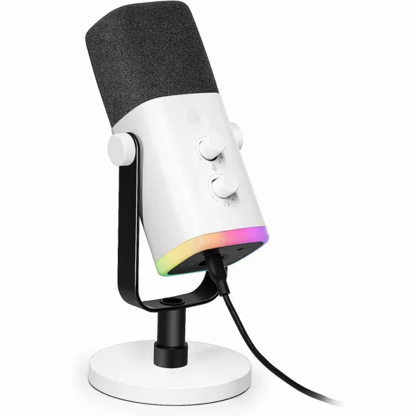 FIFINE AmpliGame AM8 USB/XLR Dynamic Microphone – RGB Lighting, Touch-Mute, Live Monitoring, Streaming Ready (White)